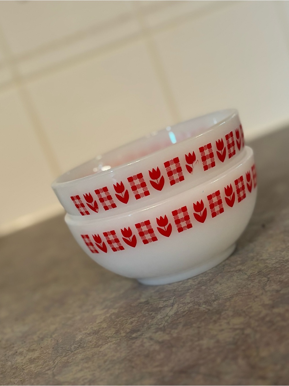 60's Red Tulips/Gingham Termocrisa Milk Glass Cereal Bowls - 2 -  Glass Bowls